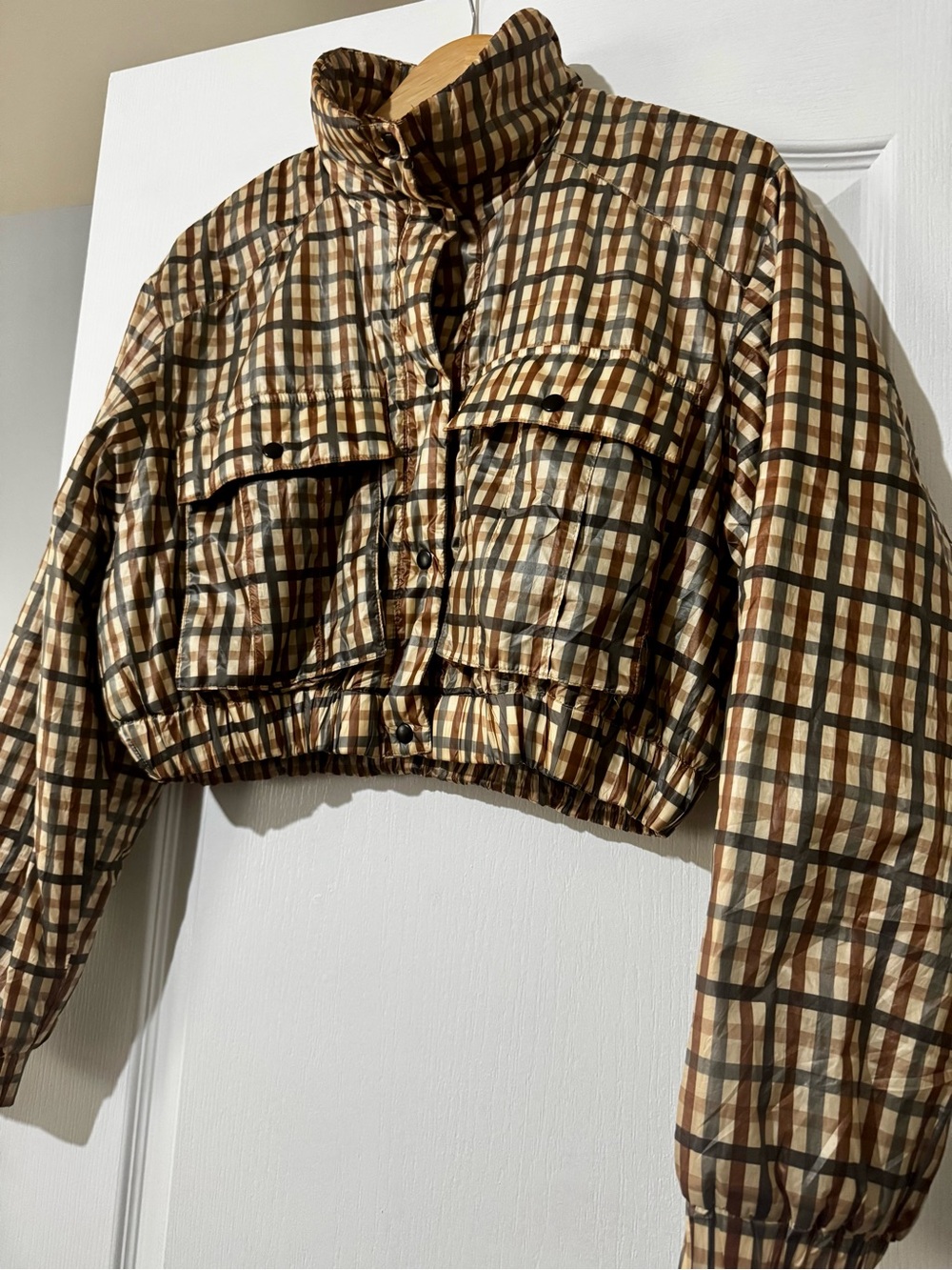 Zara Earthy Plaid Cropped Puffer Jacket Coat - Brown/Beige
